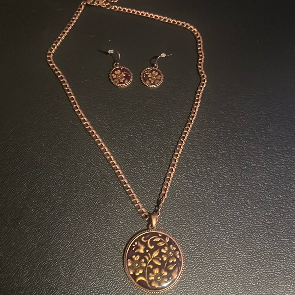 Copper and Brown Round Flower Design Necklace Matching Earrings Set.